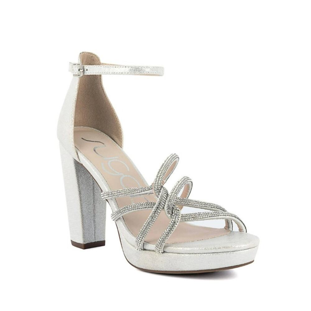 Sugar Women's Petal Faux Leather Block Heel Pumps Silver Shimmer Fabric Size 8.5